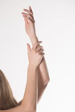 Two women's hands on a white background. Empty hand isolated on white Stockfoto's