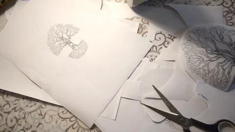 Two wood patterns and scissors Stock Footage 103800866