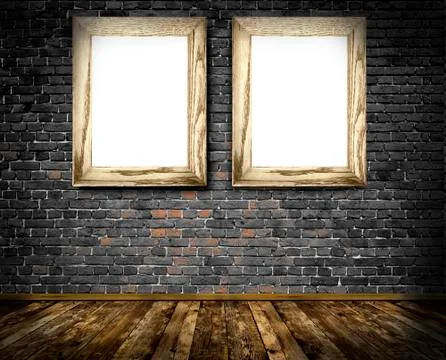 Two wooden frames on a old bricks wall. Stock Illustration