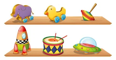 Two wooden shelves with different objects Stock Illustration