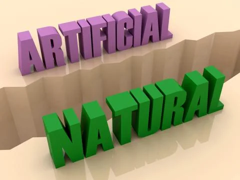 Two words ARTIFICIAL and NATURAL split on sides, separation crack. Concept 3D Stock Illustration