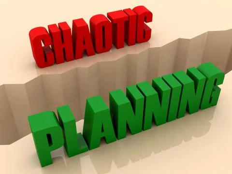 Two words CHAOTIC and PLANNING split on sides, separation crack. Concept 3D i Stock Illustration