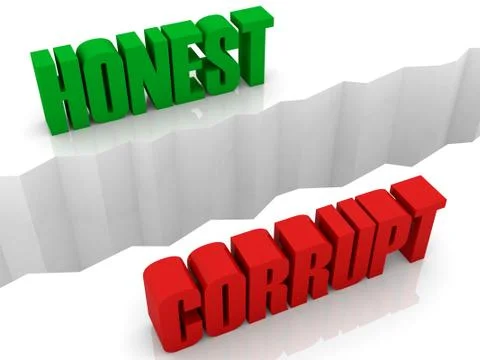 Two words HONEST and CORRUPT split on sides, separation crack. Concept 3D ill Stock Illustration