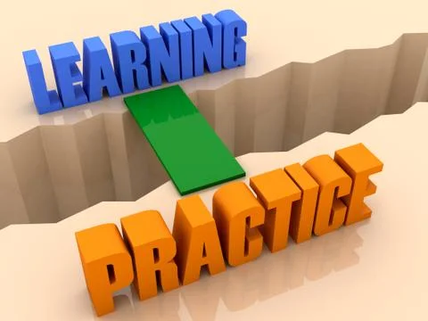 Two words LEARNING and PRACTICE united by bridge through separation crack. Co Stock Illustration