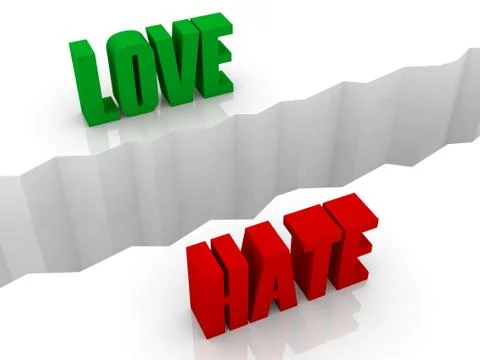 Two words LOVE and HATE split on sides, separation crack. Concept 3D illustra Stock Illustration