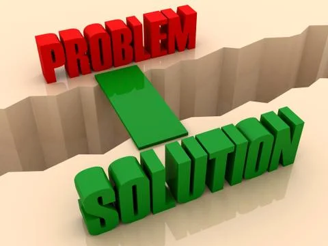 Two words PROBLEM and SOLUTION united by bridge through separation crack. Con Stock Illustration