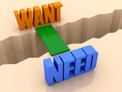 Two words WANT and NEED united by bridge through separation crack. Concept 3D Illustrazione stock