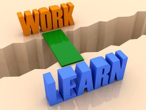Two words WORK and LEARN united by bridge through separation crack. Concept 3 Stock Illustration