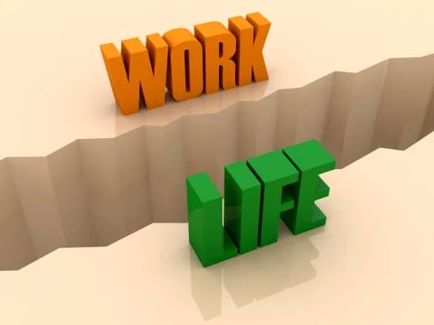 Two words WORK and LIFE split on sides, separation crack. Concept 3D illustra Stock Illustration