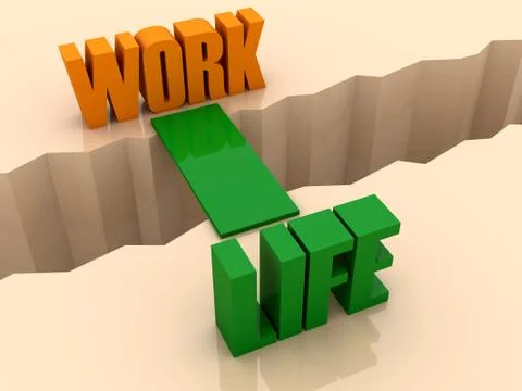 Two words WORK and LIFE united by bridge through separation crack. Concept 3D Illustrazione stock