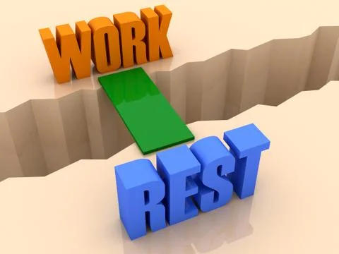 Two words WORK and RESTunited by bridge through separation crack. Concept 3D  Stock Illustration