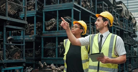 Two worker technician talking about storage system by digital tablet in factory Video stock 156388378