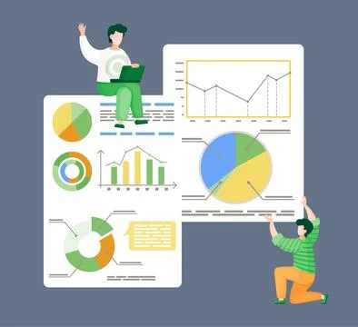 Two workers, analysing statistic at white boards, charts, diagrams, graphics Stock Illustration