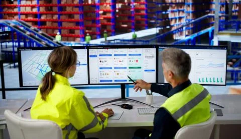 Two Workers Analyze Ecommerce Software On Multiple Screens For Efficient Deli Stock Photos