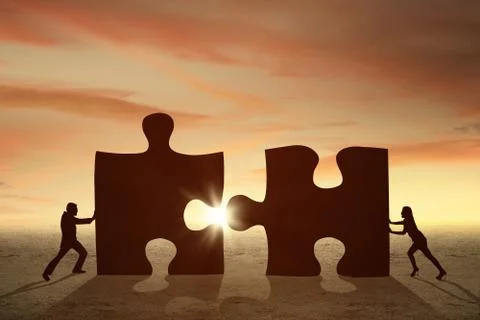Two workers assemble jigsaw Stock Illustration