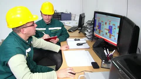 Two workers in a control room Stock Footage 24672804