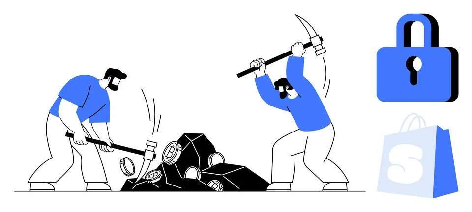 Two Workers Digging with Tools Near Lock and Shopping Bag in Minimalistic Sty Stock Illustration