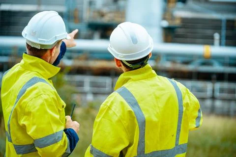 Two workers discuss project details at an industrial site while wearing saf.. Stock Photos