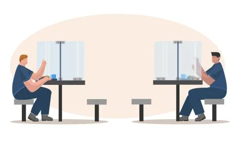 Two workers eating on tables with transparent shields Illustrazione stock
