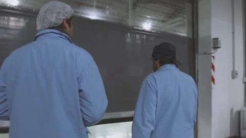 Two Workers Enter Electronics Factory Through Automatic Door Stock Footage 120156907