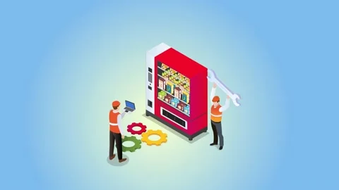 Two workers fixing vending machine Stock Footage 169980989