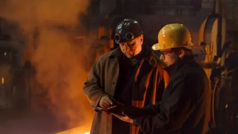 Two Workers Have Conversation and Using Tablet PC in Foundry. Rough Industria Stock Photos
