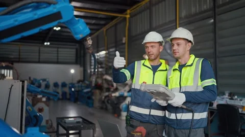 Two workers inspect machinery beside a robotic arm 스톡 동영상 344919163