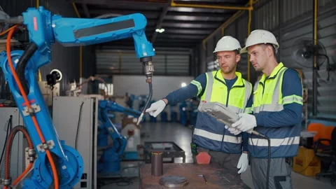 Two workers inspect machinery beside a robotic arm Stockbeeldmateriaal 344919204