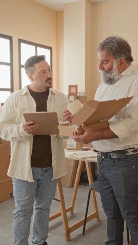 Two workers inspect an open parcel and clipboard, one pointing to labels an.. Stock Footage 339215809