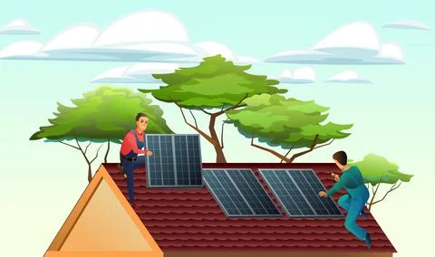 Two workers install solar panels on roof. Alternative energy. Renewable sourc Stock Illustration