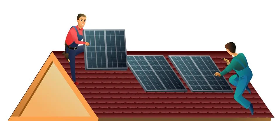 Two workers install solar panels on roof. Alternative energy. Renewable sources Stock Illustration