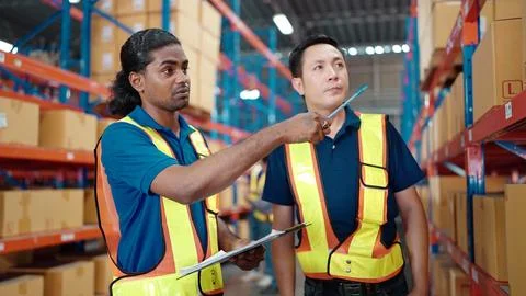 Two workers with list checking stock in business factory industry warehouse Foto stock