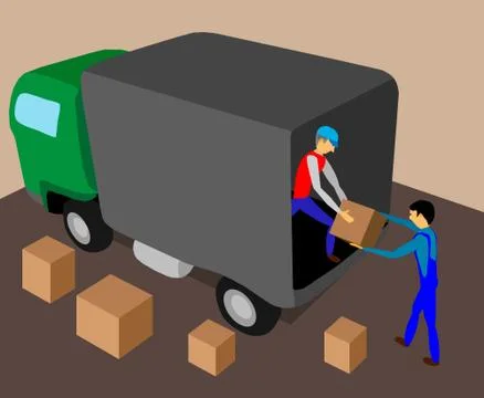 Two workers load the truck with cargo. Stock Illustration
