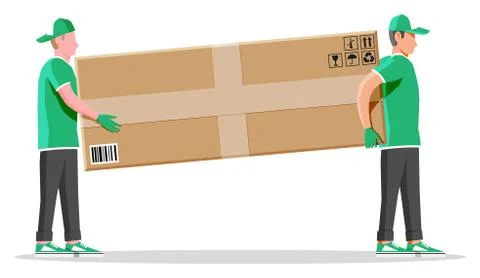 Two workers mover man carrying cardboard box. Stock Illustration