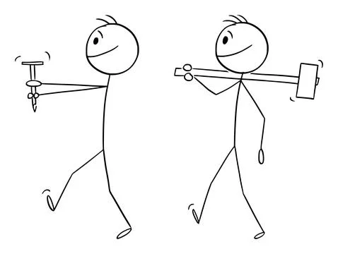 Two Workers With Nail and Hammer, Vector Cartoon Stick Figure Illustration Stock Illustration
