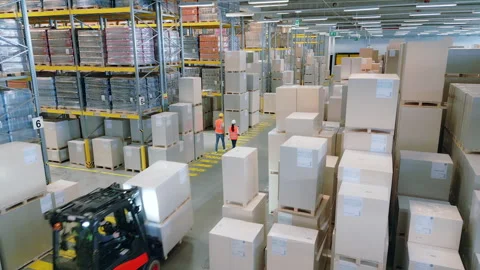 Two workers navigate a warehouse, surrounded by stacked boxes. 库存影片 308003080