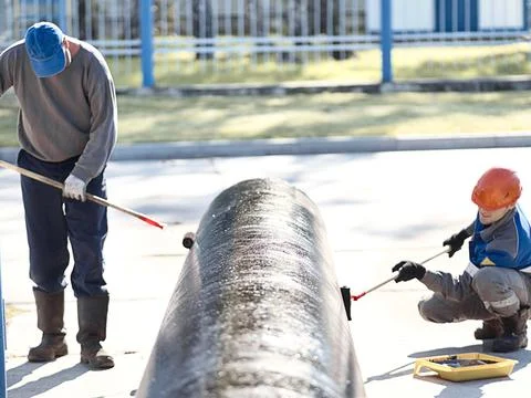 Two workers paint metal pipe black with paint rollers. Pipe treatment for Stock Photos