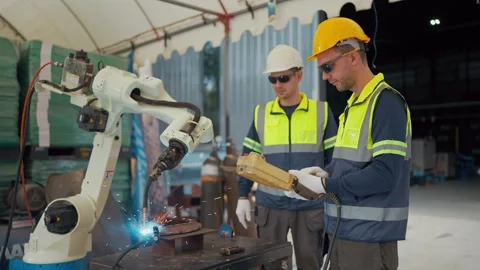 Two workers in safety gear observe a welding robot Stockbeeldmateriaal 344920485