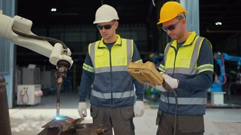 Two workers in safety gear observe a welding robot Vidéo 344920661