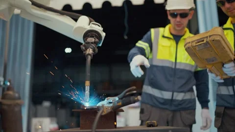 Two workers in safety gear observe a welding robot Stockbeeldmateriaal 344920778