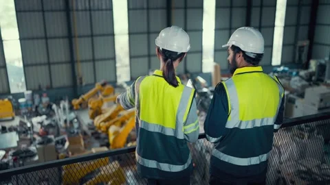 Two workers in safety gear stand on an industrial overlook Video stock 340986510