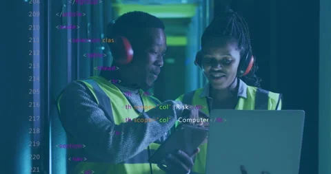 Two workers in safety vests analyzing data with code overlay animation Stock Footage 303430471