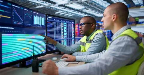 Two Workers Sit In Warehouse Managing Logistics Orders On Computers. Stock Photos