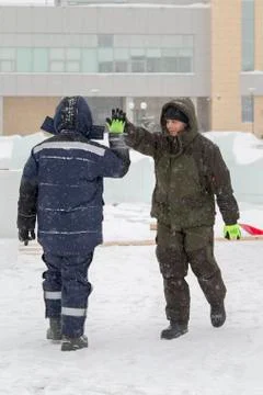 Two workers at the site of the ice camp 스톡 사진
