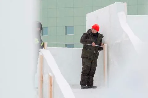 Two workers at the site of the ice camp 스톡 사진