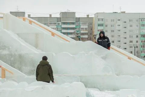 Two workers at the site of the ice camp 스톡 사진