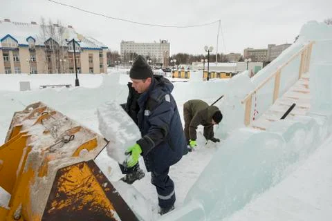 Two workers at the site of the ice camp 스톡 사진
