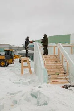 Two workers at the site of the ice camp 写真素材