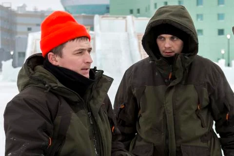 Two workers at the site of the ice camp 스톡 사진