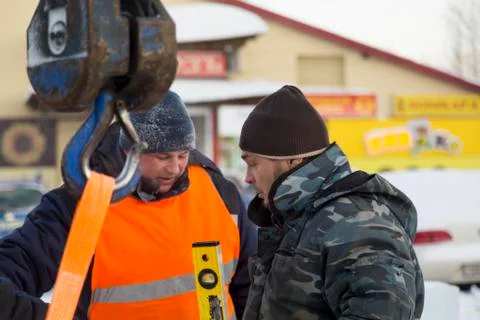 Two workers at the site of the ice camp 스톡 사진